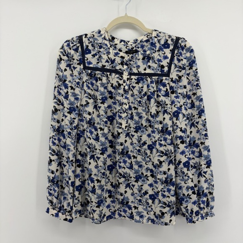 Talbots Blue White Floral Print Long Sleeve Button Front Blouse Women's S Petite